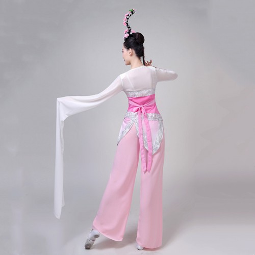 Women pink chinese folk dance dress waterfall sleeves fairy hanfu dress stage performance classical dance princess dance costumes